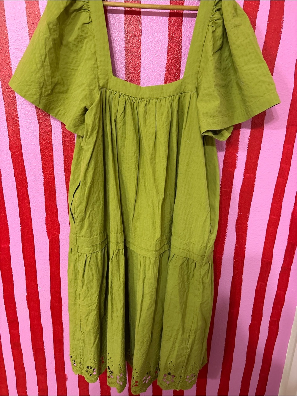 Free People Olive Green Square Neck Tiered Eyelet Midi Dress